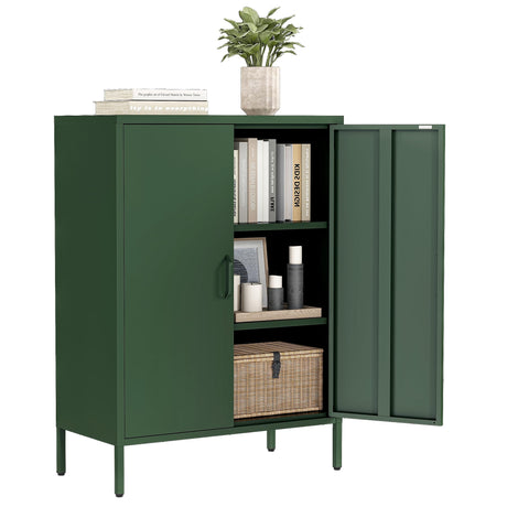 Bevivog Green Metal Locker Cabinet with 2 Doors, Metal Accent Cabinets with 2 Adjustable Shelves Home Office Storage Lockers Sideboard for Kitchen Living Room Hallway Entryway Bevivog