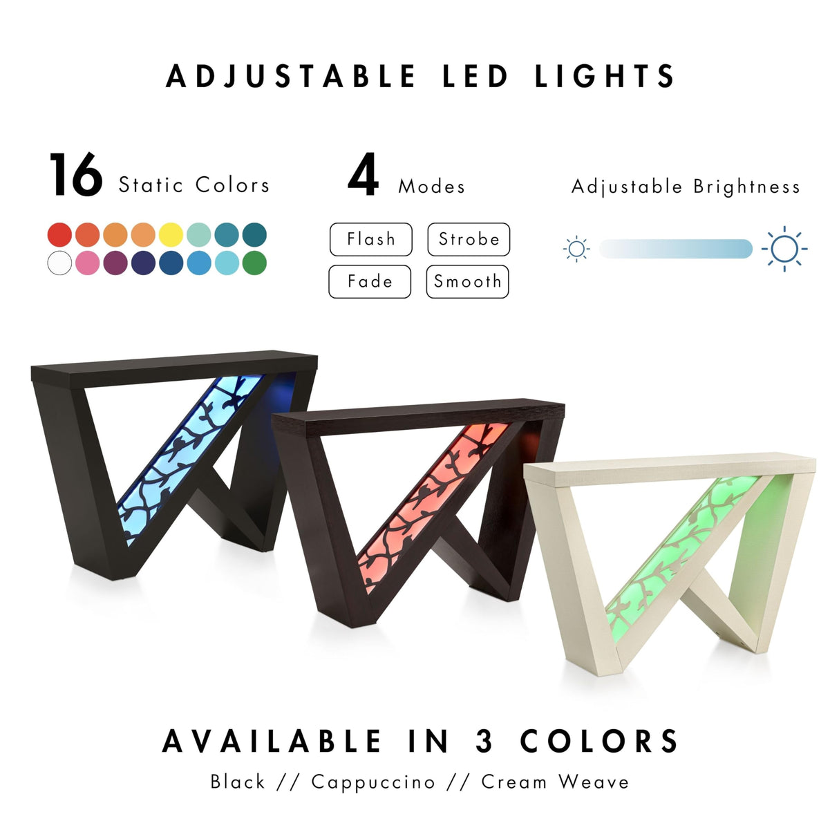 HOMES: Inside + Out Naomi Modern Decorative Accent LED Console Table with W-Shaped Legs and Remote, Wood Entryway Furniture for Living Room, Hallway, Entrance, Small Spaces, Black HOMES: INSIDE + OUT