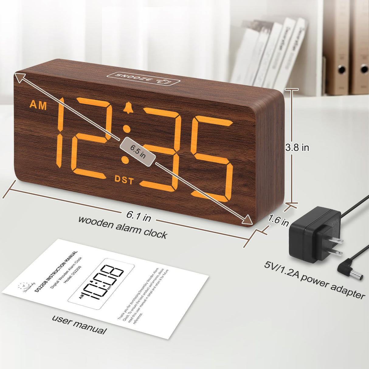DreamSky Wooden Digital Alarm Clock for Bedroom - Desk Clocks with Large Numbers for Living Room, Office, Dimmer, USB Port, Loud Alarm for Heavy Sleepers with Volume Control, DST, Wood Decor & Gifts DreamSky