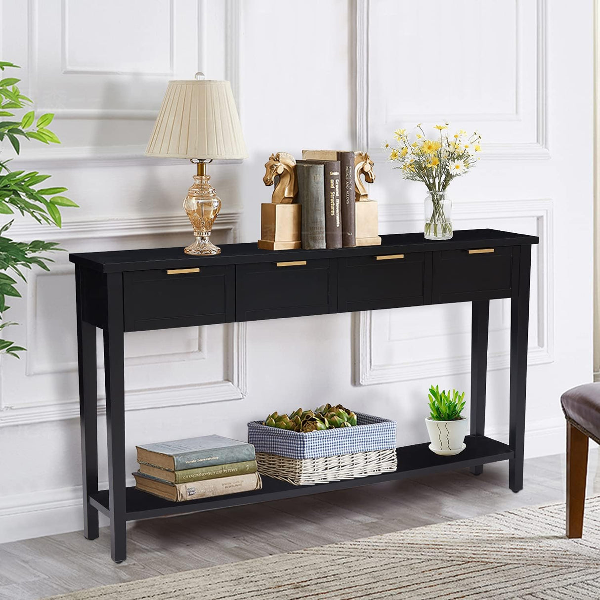 Kinsuite Long Sofa Table with 4 Drawers - Modern Black Console Table with 1 Bottom Shelf, 60 inch Wood Hallway Table Entryway Table for Living Room Bedroom Kitchen Kinsuite