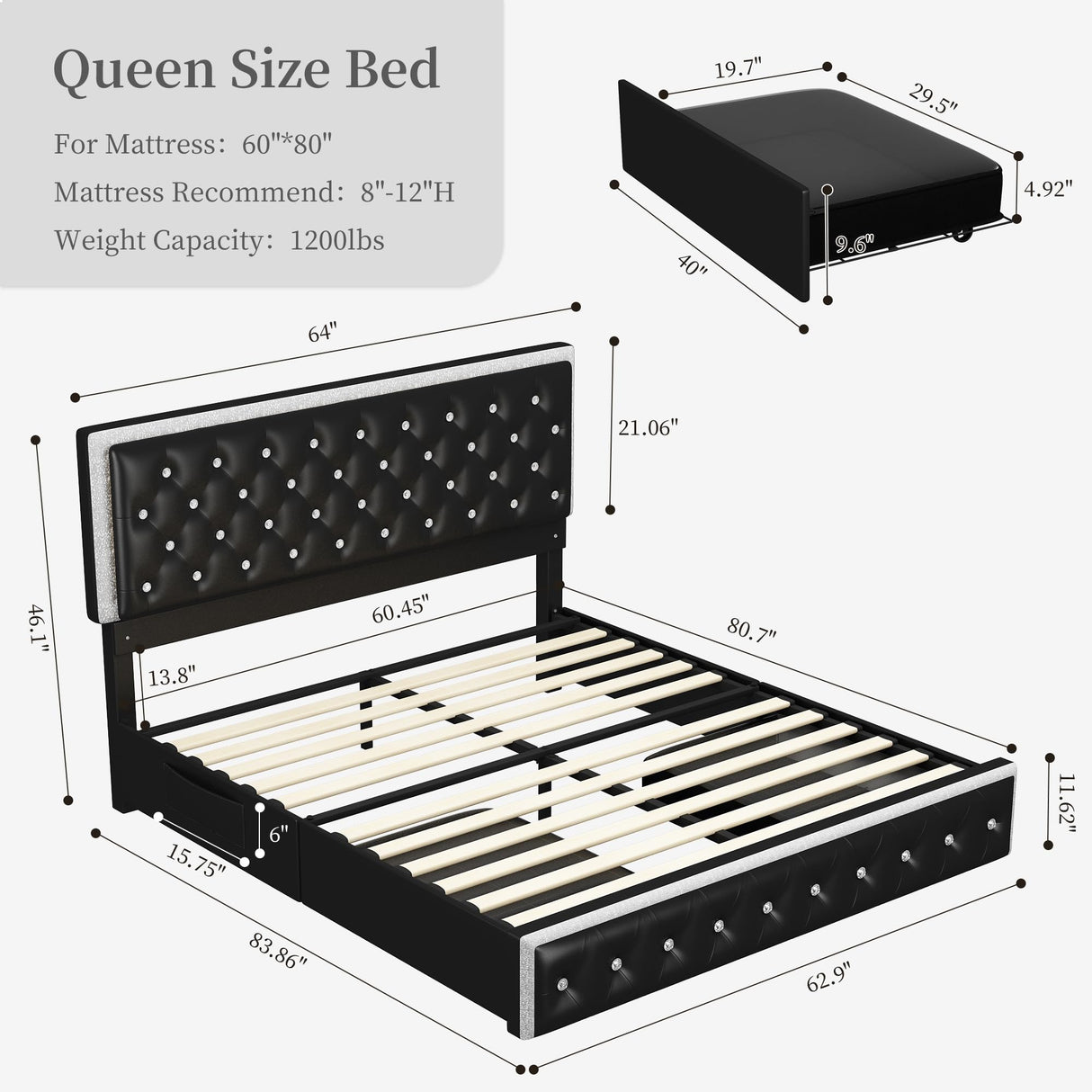 SIBEDS Queen LED Bed Frame with 2 Drawers, Storage Platform Beds with Upholstered Crystal Button Tufted Headboard Footboard, 2 Side Pockets, No Box Spring Needed, PU Black SIBEDS