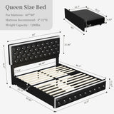 SIBEDS Queen LED Bed Frame with 2 Drawers, Storage Platform Beds with Upholstered Crystal Button Tufted Headboard Footboard, 2 Side Pockets, No Box Spring Needed, PU Black SIBEDS