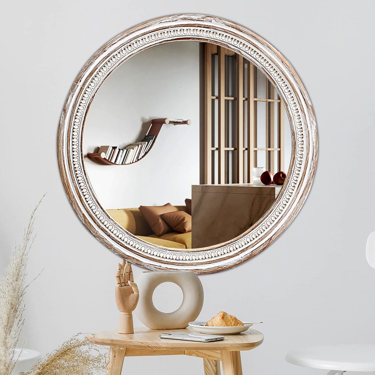 HOITUZYUS 24 Inch Round Wood Mirror, Rustic Farmhouse Circle Mirror with Beaded Design, Distressed Boho Decorative Wall Mirror for Entryway, Bathroom, Bedroom, Living Room HOITUZYUS