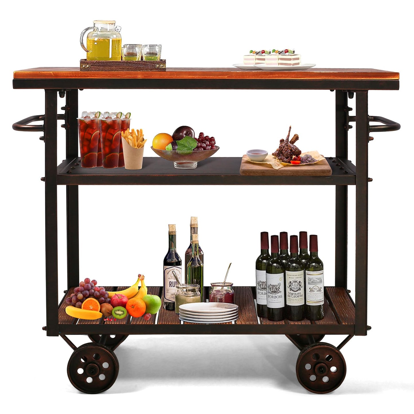 Industrial Bar Cart, Serving Cart with Wheels and Handle, 3-Tier Beverage Metal Cart with Removable Tray and Storage Shelves for Living Room Kitchen, Rustic Copper