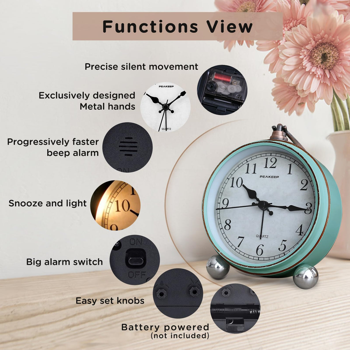 Peakeep 4" Small Battery Operated Antique Retro Analog Alarm Clock for Room Decor, Silent Elegant Bedside Desk Table Gift Clock Peakeep