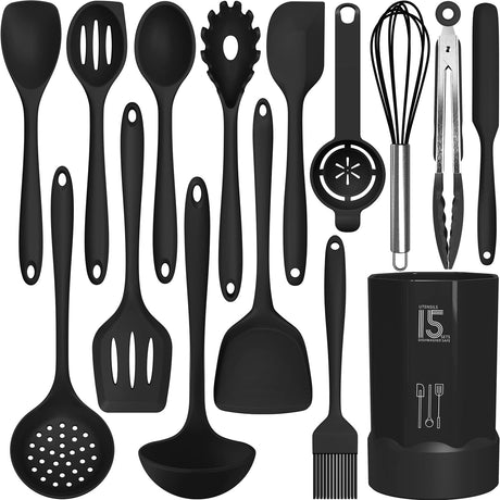 Silicone Cooking Utensils Set - 446°F Heat Resistant Kitchen Utensils,Turner Tongs,Spatula,Spoon,Brush,Whisk,Kitchen Utensil Gadgets Tools Set for Nonstick Cookware,Dishwasher Safe (BPA Free) AOTHOD