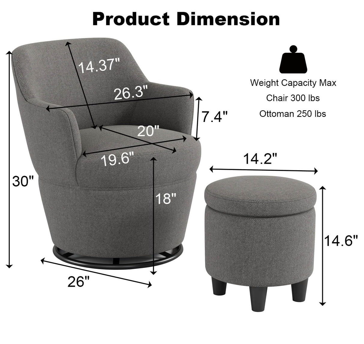 Ball & Cast Swivel Accent Arm Chair with Storage Ottoman, 360°-Swivel Barrel Chair and Footstool, Backrest Recliner Chair w/Ottoman, High Back Linen Single Sofa Side-Chair Stool w/Tray, Grey Ball & Cast