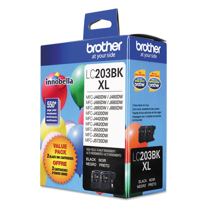 Brother Genuine High Yield Black Ink Cartridges, LC2032PKS, Replacement Black Ink Two Pack, Includes 2 Cartridges of Black Ink, Page Yield Up To 550 Pages/Cartridge, LC203