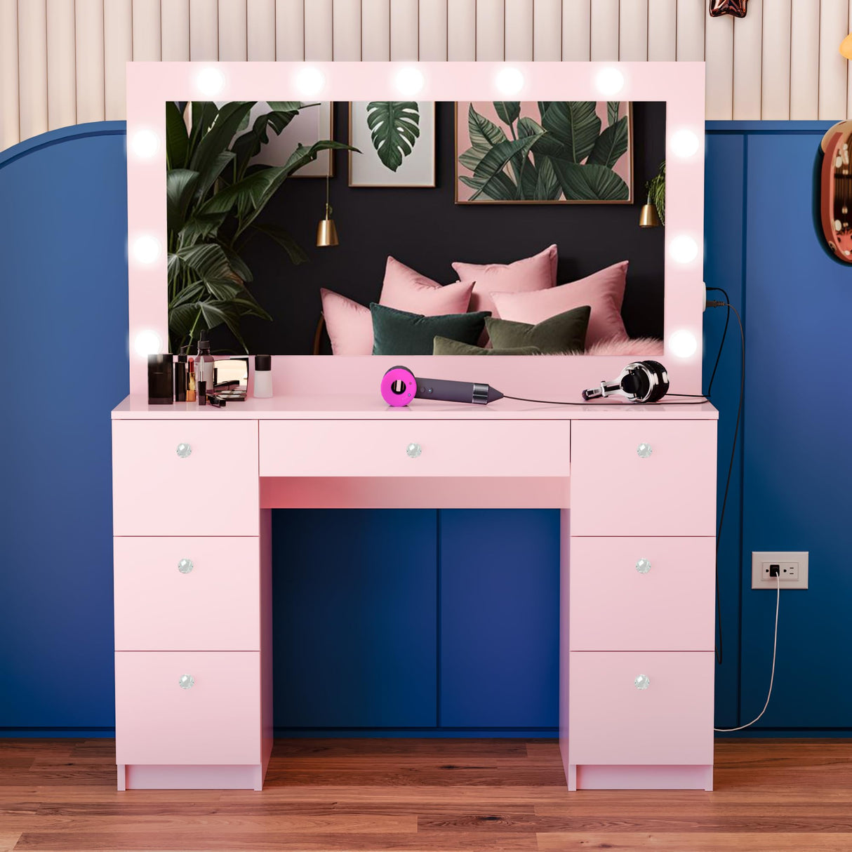 Boahaus Freya Large Makeup Vanity Desk with Hollywood Lights, 7 Drawers, USB Type-C & Type-A Ports, Charging Station, Hair Dryer Hanger, Crystal Knobs– Vanity Desk for Bedroom, Premium Finish (Pink) Boahaus