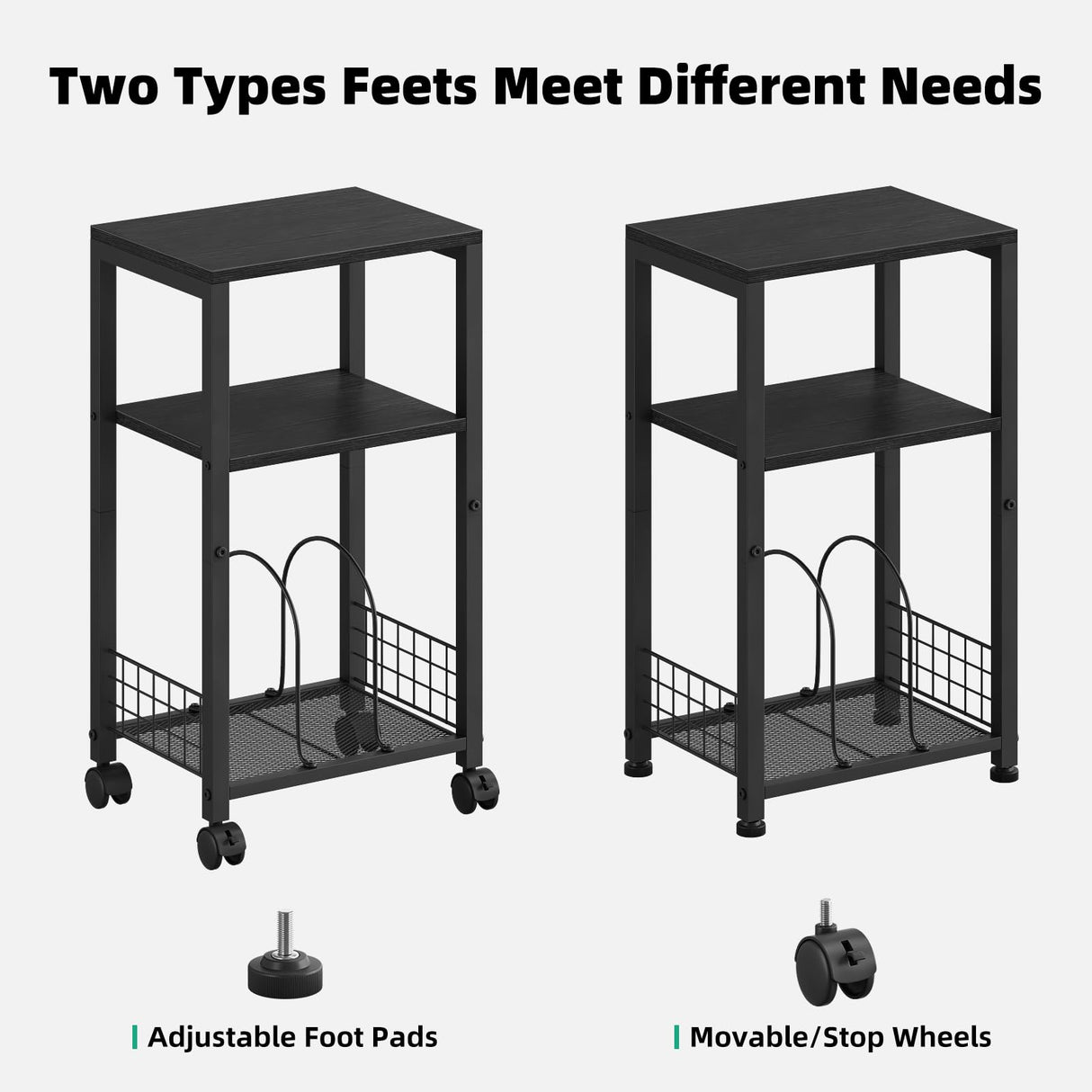 Kalrin Small Side Table, 3 Tier Moveable Small End Table, Record Player Stand with Records Shelf, Tall Nightstand for Bedroom, Living Room, Sofa, Office, Bathroom (Pure Black) Kalrin