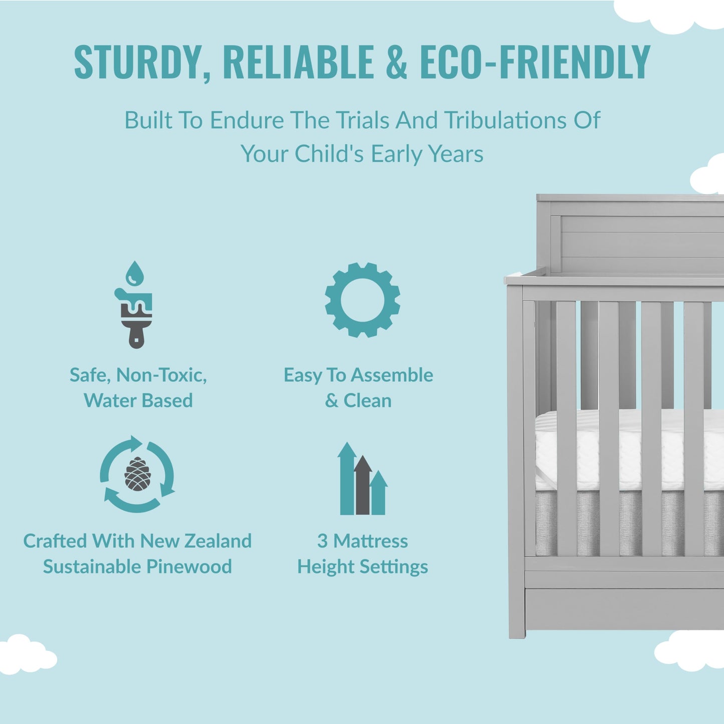 Dream On Me JPMA & Greenguard Gold Certified Reign 5 in 1 Convertible Crib with Under Drawer in Pebble Grey, Made of Sustainable Pinewood, Non-Toxic Water-Based Paint Finish - WoodArtSupply