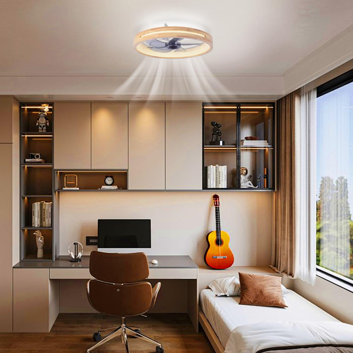 HUOGME Modern Low Profile Ceiling Fans with Lights and Remote, 20" Wooden Flush Mount Reversible Bladeless Ceiling Fans with Light，3000K-6000K Dimmable LED Timing and 6 Wind Speeds HUOGME