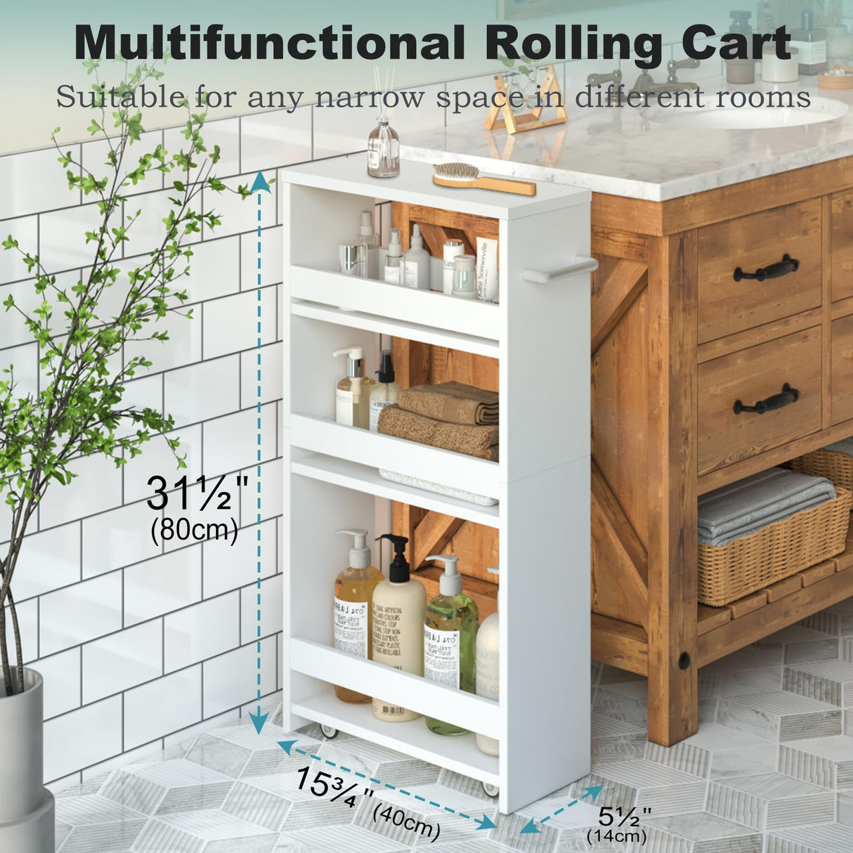 MARTY White Slim Storage Cart with Wheels, 4 Tier Rolling Utility Cart with Handle Slide Out Shelving Unit Organizer Trolley for Laundry Kitchen Bathroom Narrow Places Small Corner MARTY