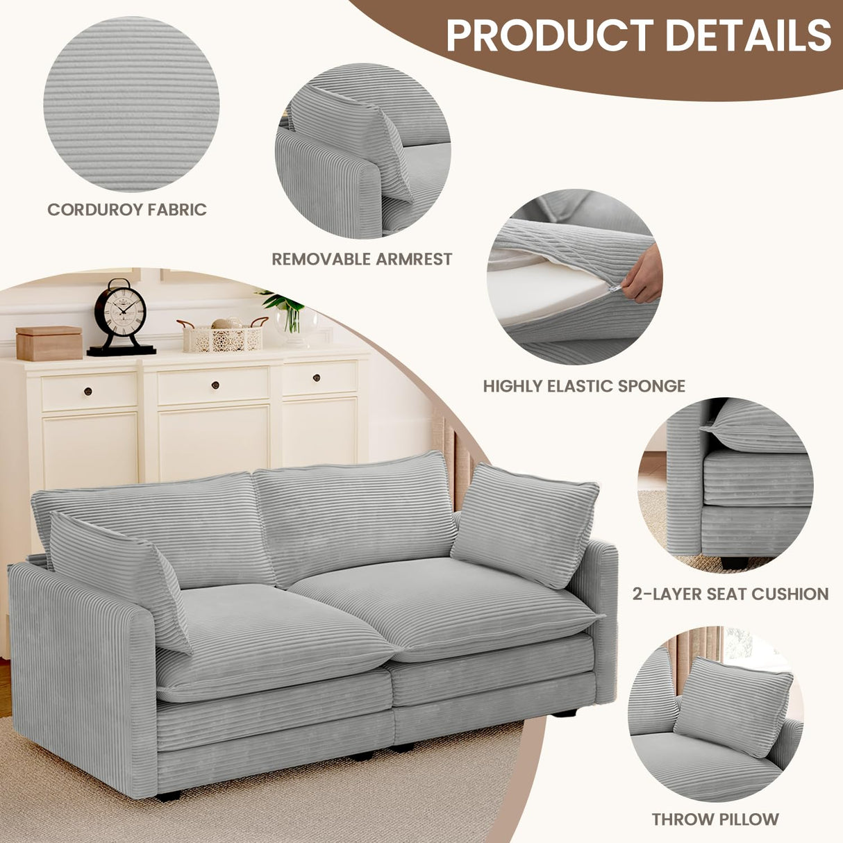 ROWHY 78'' Sectional 2 Seat Cloud Loveseat with 2 Throw Pillows, Modern Corduroy Love Seat, Cozy Sofa for Living Room, Office and Bedroom, Light Grey ROWHY