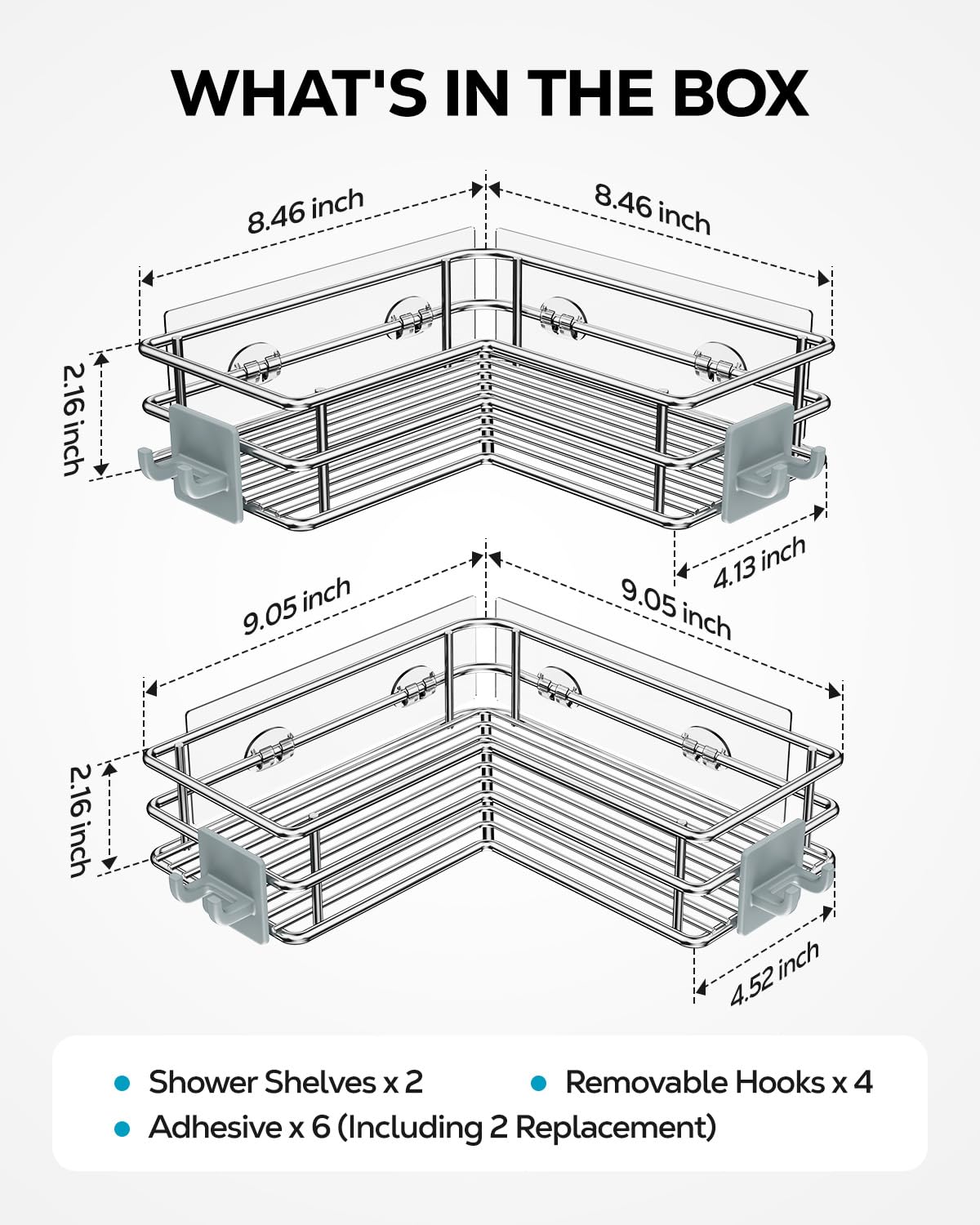 Nieifi Corner Shower Shelves Stainless Steel, Adhesive Shower Caddy Basket Rack with Hooks, Rust Proof for Bathroom Shelf Shampoo Holder (Silver, 2 Pack) Nieifi