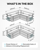 Nieifi Corner Shower Shelves Stainless Steel, Adhesive Shower Caddy Basket Rack with Hooks, Rust Proof for Bathroom Shelf Shampoo Holder (Silver, 2 Pack) Nieifi