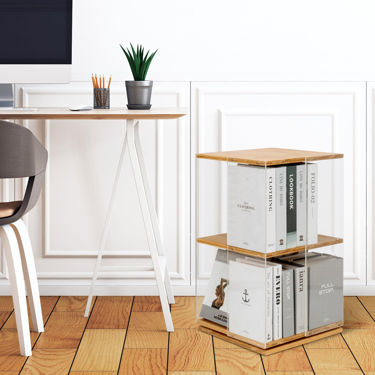 Qriocioa 360° Rotating Acrylic Bookshelf - Stylish 2-Tier Corner Storage Rack for Home and Playroom Qriocioa