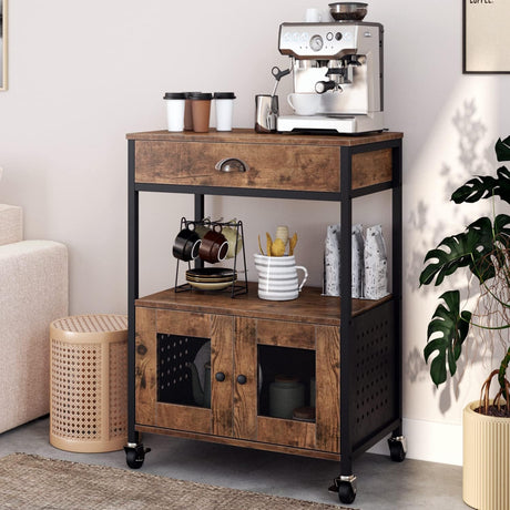 Catrimown Coffee Cart with Storage, Coffee Bar Cabinet on Wheels, Small Microwave Cart with Drawer for Kitchen, Living Room, Rustic Brown Catrimown