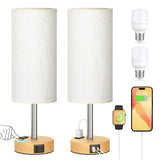 Touch Bedside Table Lamps Set - 3 Way Dimmable Bedroom Lamps Set of 2 with USB C and A Ports, Small Lamps for Nightstand with AC Outlet, Wood Base Round Flaxen Shade for Desk, Office, Dorm, Nursery PartageiZ