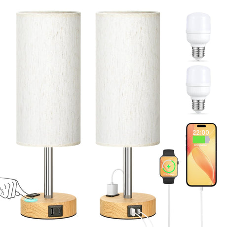 Touch Bedside Table Lamps Set - 3 Way Dimmable Bedroom Lamps Set of 2 with USB C and A Ports, Small Lamps for Nightstand with AC Outlet, Wood Base Round Flaxen Shade for Desk, Office, Dorm, Nursery PartageiZ