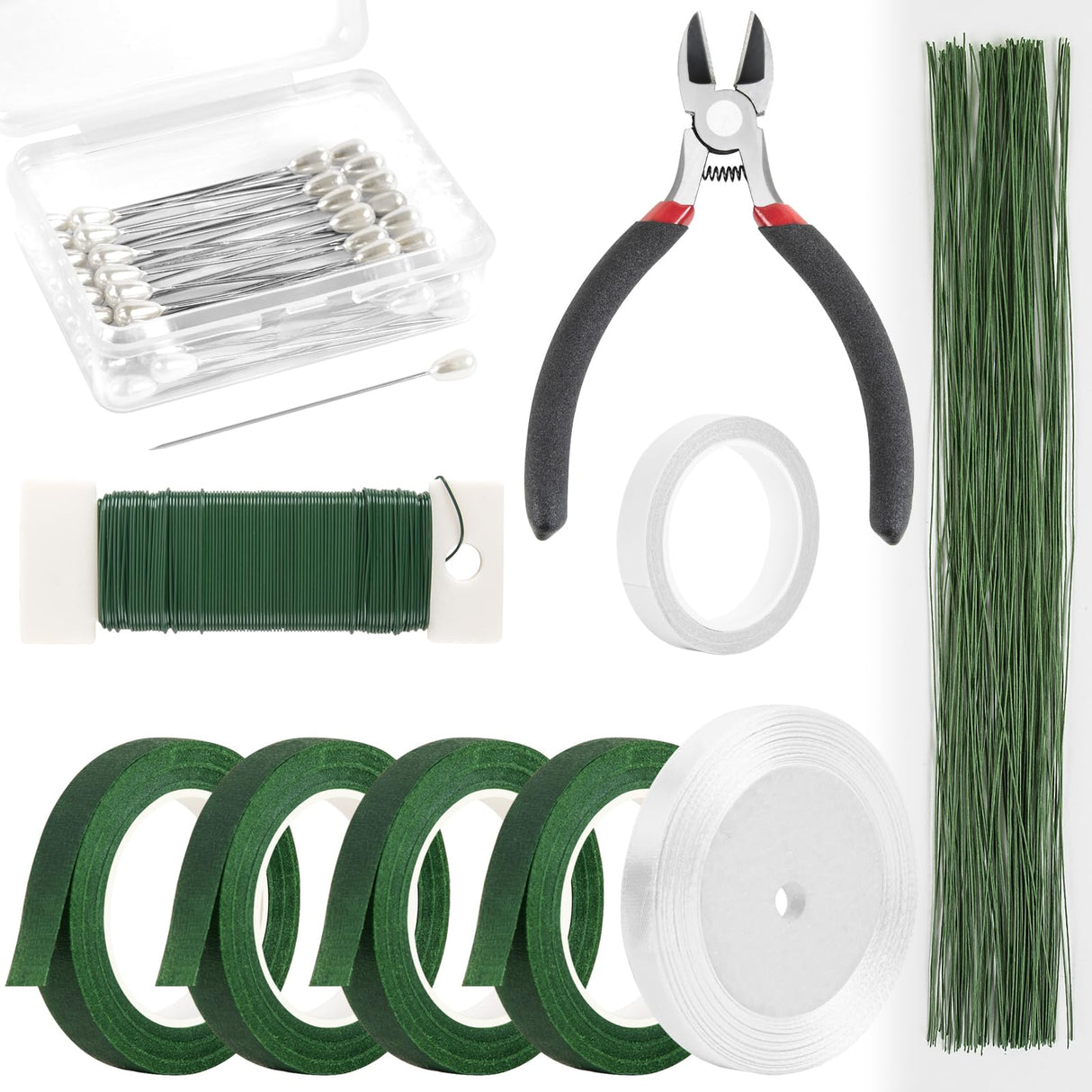 NESCCI Floral Arrangement Kit with Green Floral Tape and Wire,26 Gauge Floral Stem Wire,22 Gauge Floral Wire,Boutonniere Pin for Bouquet Stem Wrap Florist. NESCCI