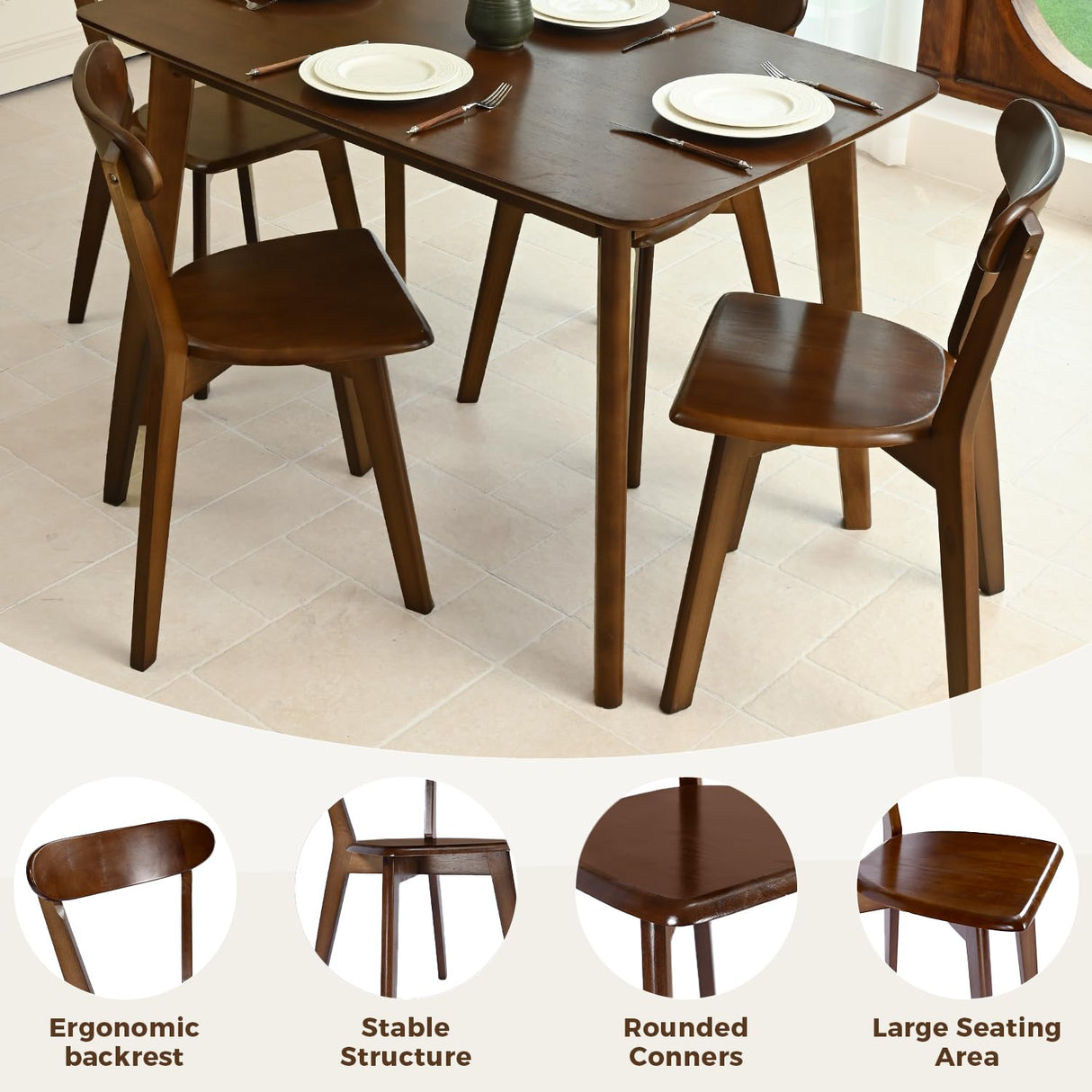 DELAVIN 62.9" Solid Wood Dining Room Table Set for 6 People, Mid Century Kitchen Table with 6 Oak Wood Chairs for Home, Apartment, Modern Dining Table and Chairs Set for Whole Family, Walnut DELAVIN