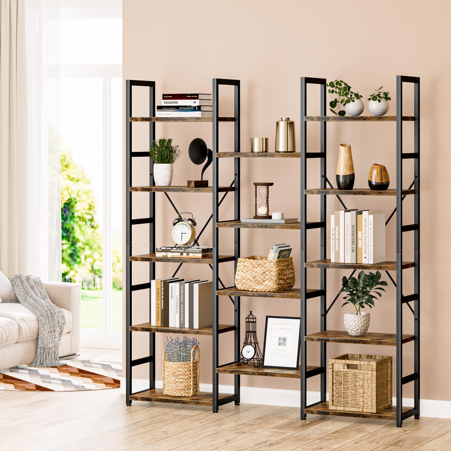 NUMENN Vintage Brown Triple Column 5-Tier Adjustable Bookshelf with 14 Open Display Shelves - WoodArtSupply