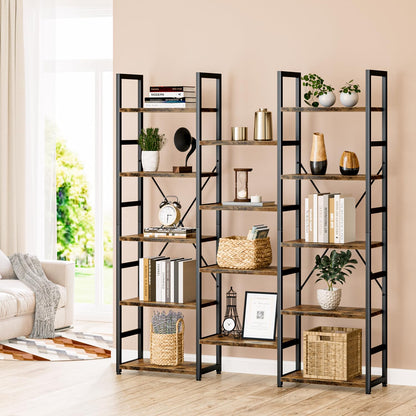 NUMENN Vintage Brown Triple Column 5-Tier Adjustable Bookshelf with 14 Open Display Shelves - WoodArtSupply