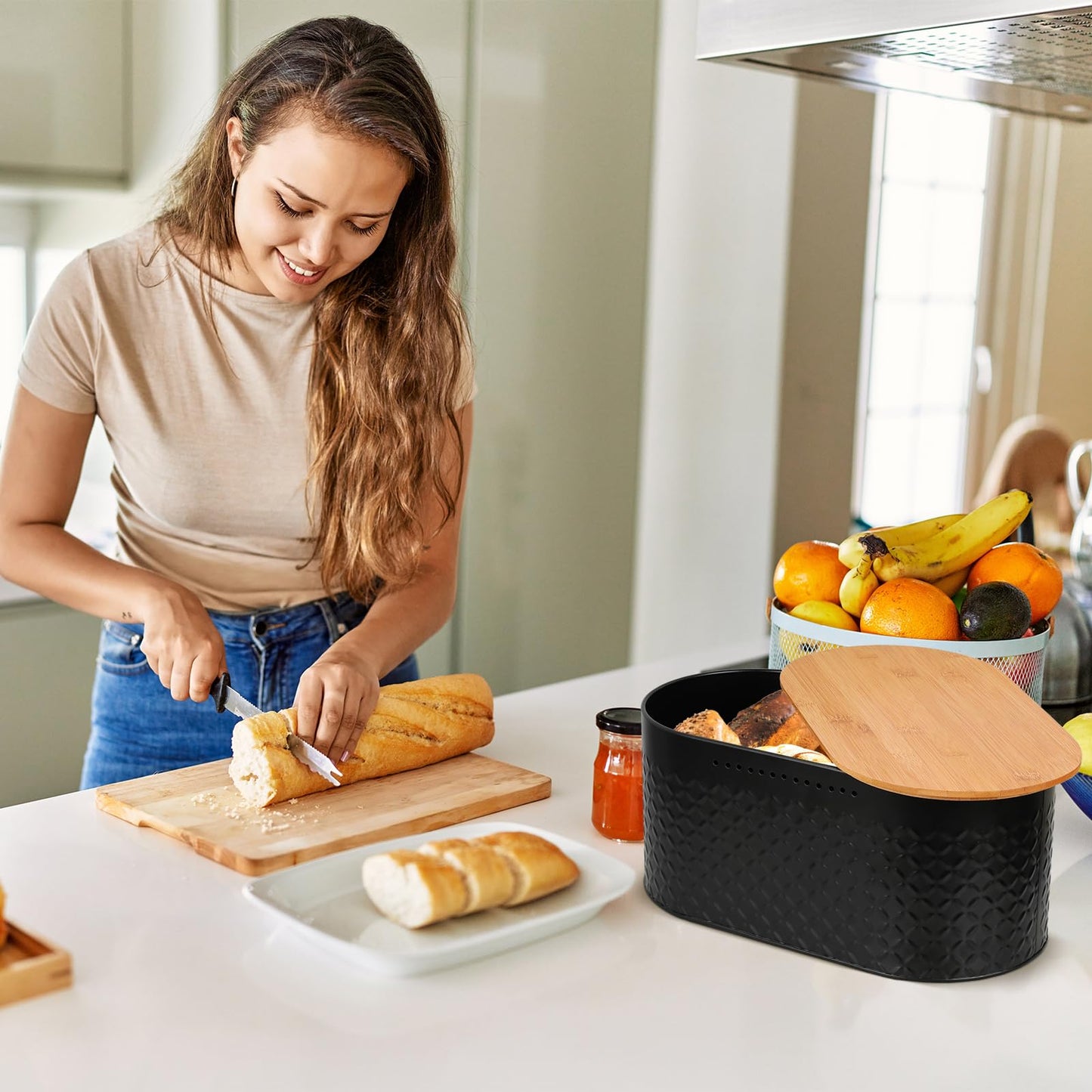 Hossejoy Metal Bread Box with Reversible Bamboo Cutting Lid, Bread Storage Container for Kitchen Countertop, Modern Bread Bin Holder Breadbox (Black)