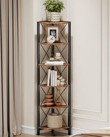 CHOEZON 6-Tier Corner Shelf, Corner Bookcase, 66.9" Tall Vertical Display Rack, Plant Stand, Open Storage Shelf, for Living Room, Bedroom, Study, Kitchen, Rustic Brown and Black TCJ13BF CHOEZON