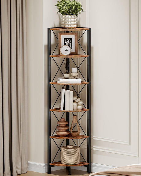 CHOEZON 6-Tier Corner Shelf, Corner Bookcase, 66.9" Tall Vertical Display Rack, Plant Stand, Open Storage Shelf, for Living Room, Bedroom, Study, Kitchen, Rustic Brown and Black TCJ13BF CHOEZON