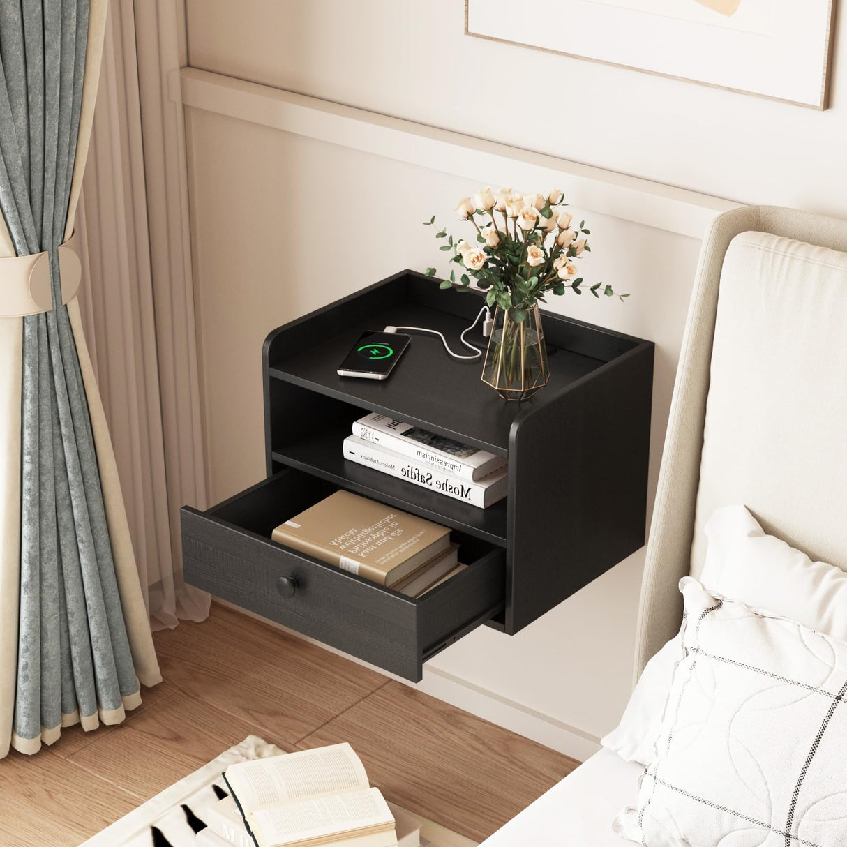 Black Floating Nightstand Set of 2 with Charging Station and Storage Drawer Wall Mounted Bedside End Table Wood Modern Night Stand for Bedroom Nightstands Set 2 Black HOSEOKA