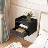 Black Floating Nightstand Set of 2 with Charging Station and Storage Drawer Wall Mounted Bedside End Table Wood Modern Night Stand for Bedroom Nightstands Set 2 Black HOSEOKA