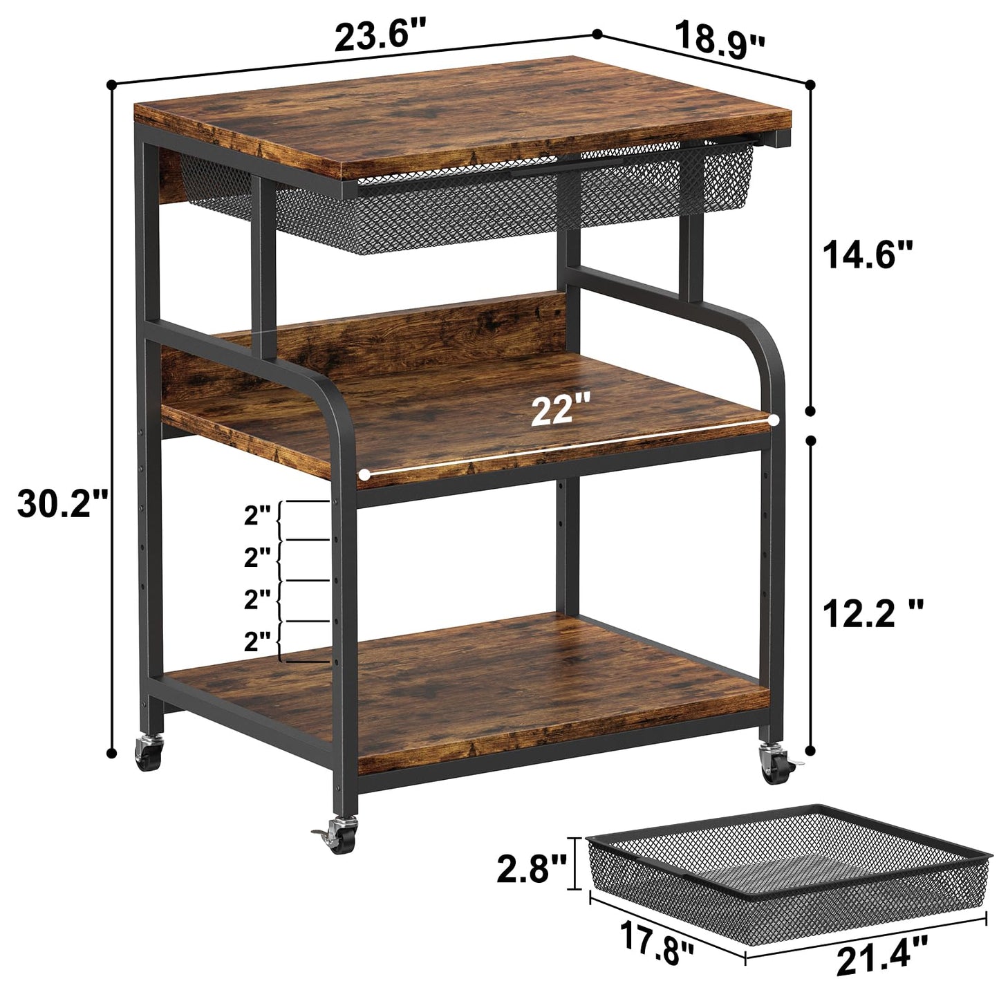 EasyCom 23.6''x18.9'' Extra Large Printer Stand with Drawer, 5-Adjustable Heights 3 Tier Printer Table with Wheels, Rolling Printer Cart with Storage for Printer Scanner Fax Home Office Use - WoodArtSupply