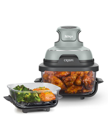 Ninja Crispi Air Fryer, Microwave, Freezer & Dishwasher Safe, Non Toxic Glass Portable Cooking System, 4 QT & 6 Cup Glass Containers with Storage Lids, Easy Meals, Air Fry, Bake, Green, FN101SG Ninja