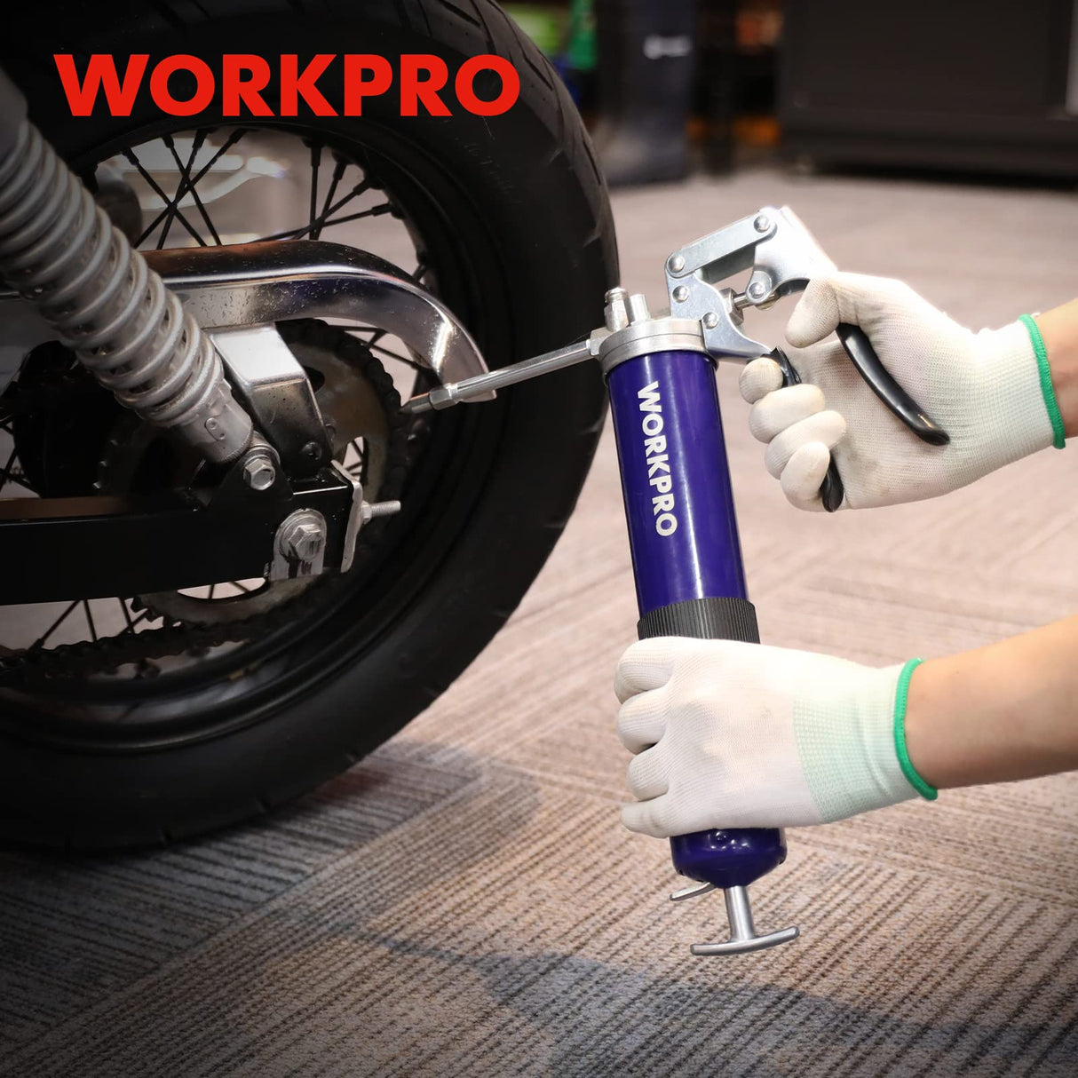 WORKPRO Grease Gun Kit, 6000PSI Heavy Duty Grease Gun with 18inch Flexible Hose, 2 Fixed Tubes and 3 Nozzles, 14oz Load WORKPRO