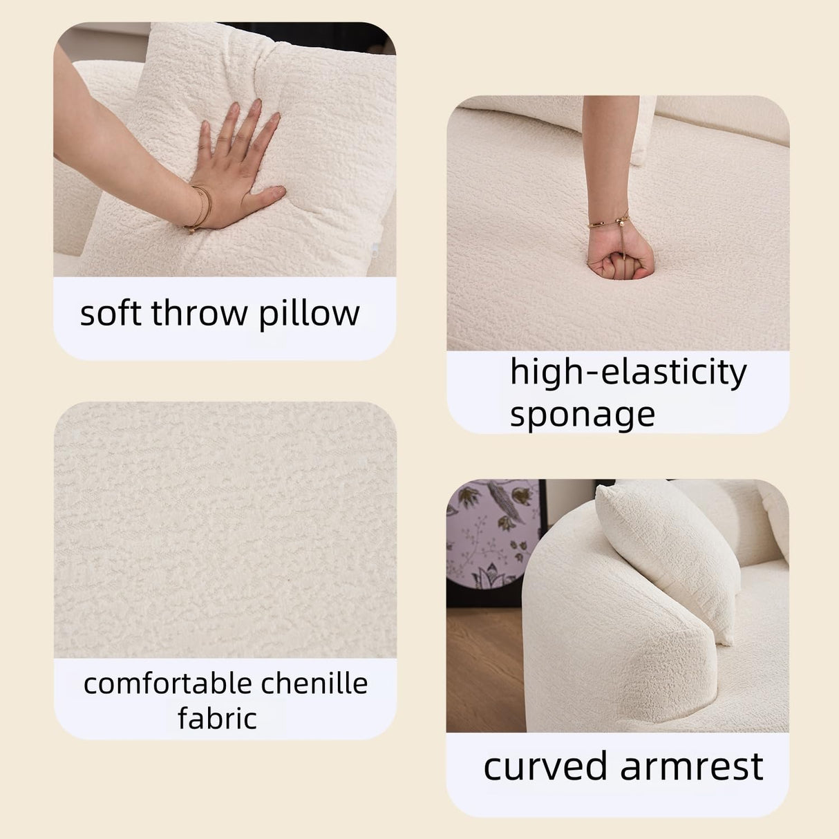 Hnvzldn 110" Curved Sectional Sofa with 4 Seater,Curved Sofa for Living Room,Modern Sectional Couch Boneless Sofa,Wood Grain Chenille Fabric, No Installation Requirement (White,110") Hnvzldn