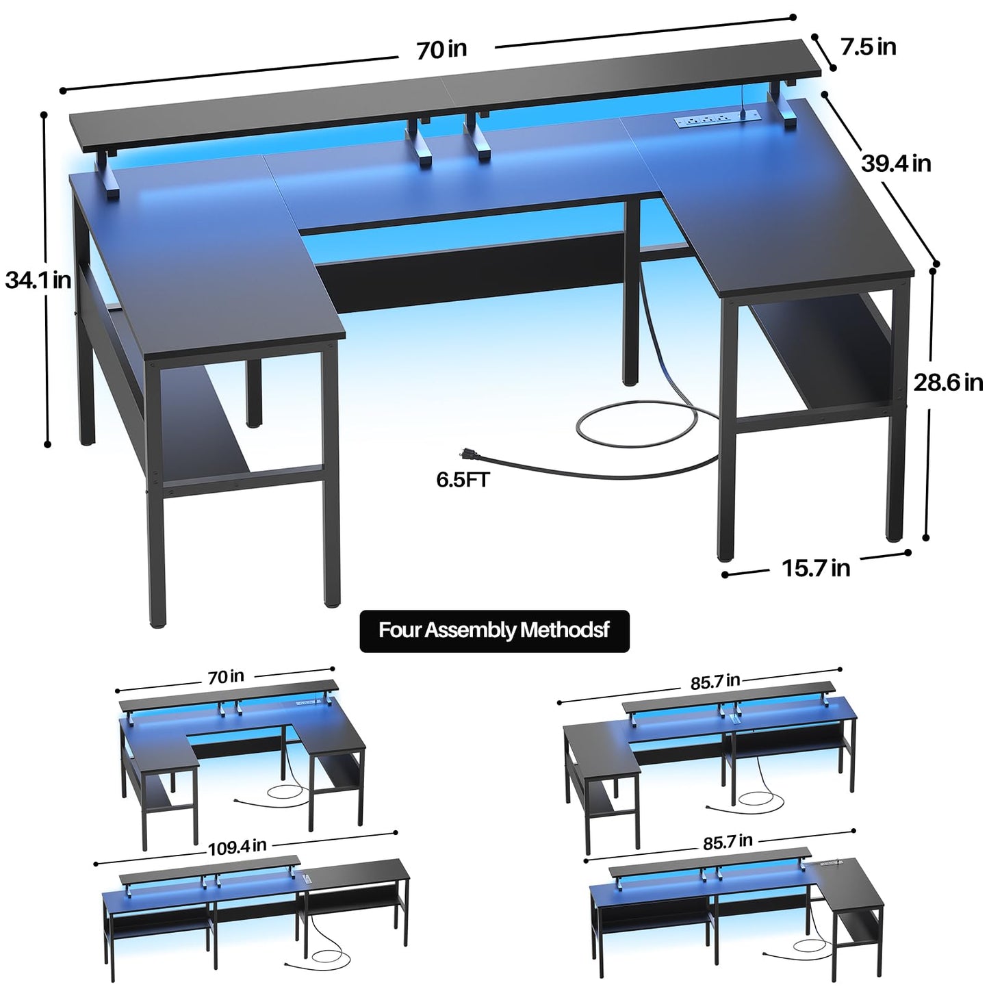 Hyomdeck Customizable U Shaped Desk & L Shaped Office Desk with Adjustable Monitor Stand, RGB LED Lights and Power Outlets, Sturdy Reversible L Shape