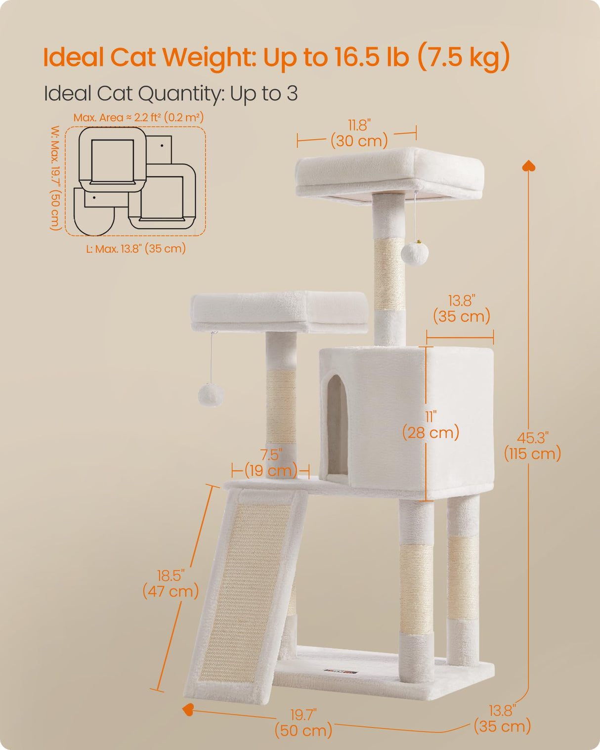 Feandrea Cat Tower, Cat Tree for Indoor Cats, 45.3-Inch Cat Condo with Scratching Post, Ramp, Perch, Spacious Cat Cave, for Kittens, Elderly Cats, Adult Cats, Small Space, Cream White UPCT141W02 Feandrea