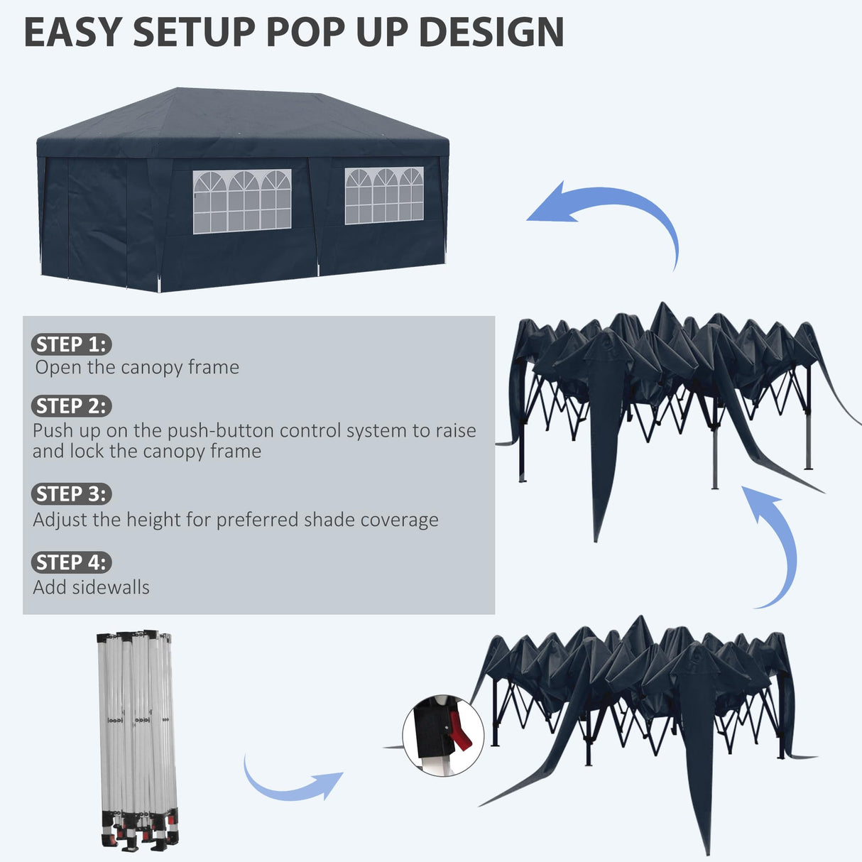 Outsunny 10' x 19.5' Pop Up Canopy Tent with Sidewalls, UPF 30+ Height Adjustable Large Party Tent Event Shelter with Leg Weight Bags and Wheeled Carry Bag for Garden, Patio, Dark Blue Outsunny
