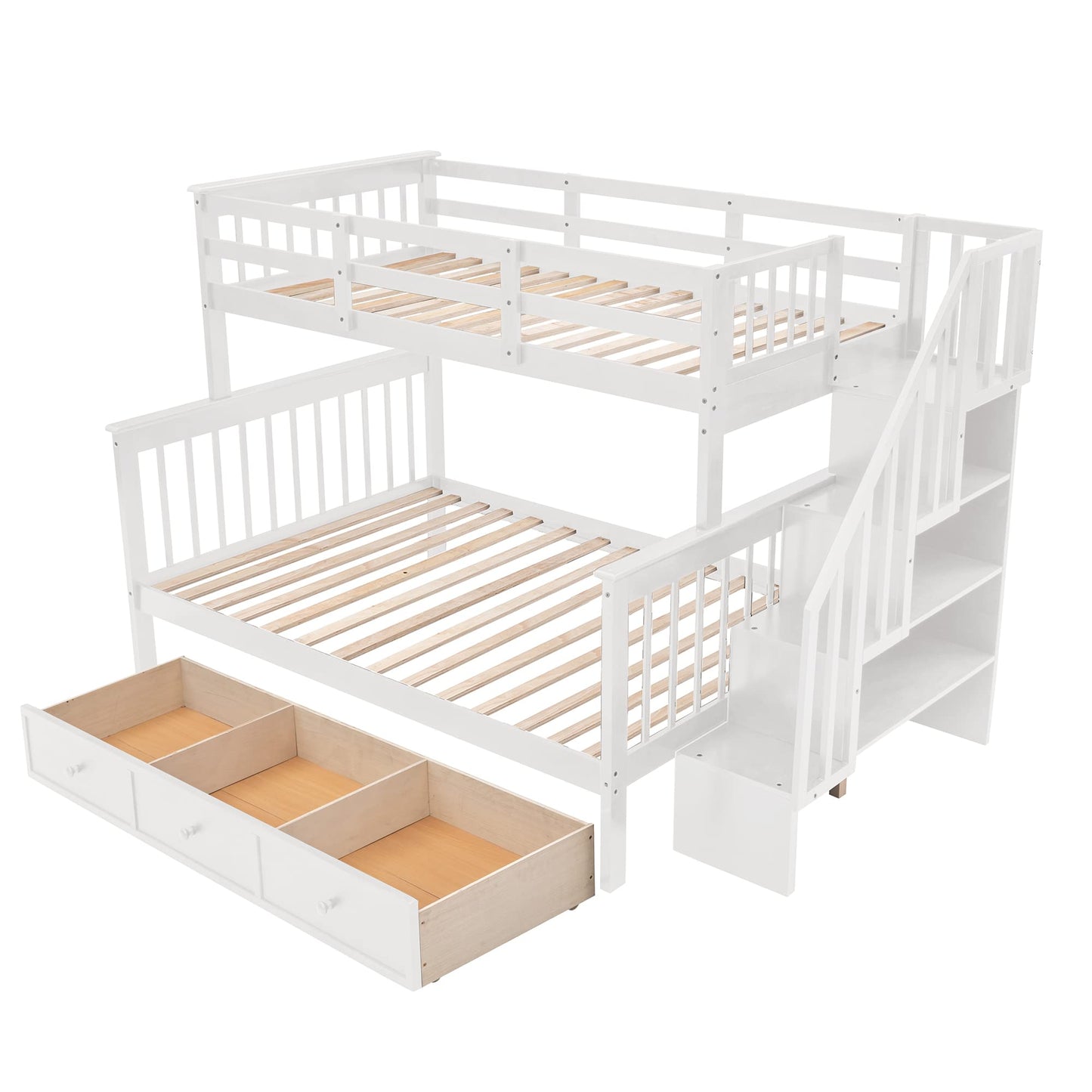 Twin Over Full Bunk Bed with Stairs & Storage Drawers - Solid Wood, White Finish by Harper & Bright Designs - WoodArtSupply