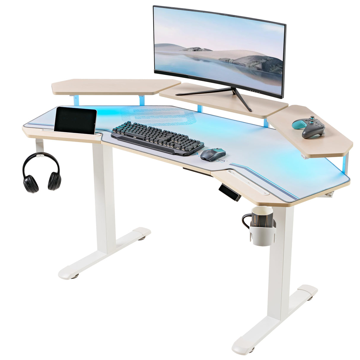 EUREKA ERGONOMIC Standing Desk,63" Electric Adjustable Height Computer Desk,Wing Shaped Music Studio Desk, LED Monitor Stands, Dual Motor&Slot, Maple EUREKA ERGONOMIC
