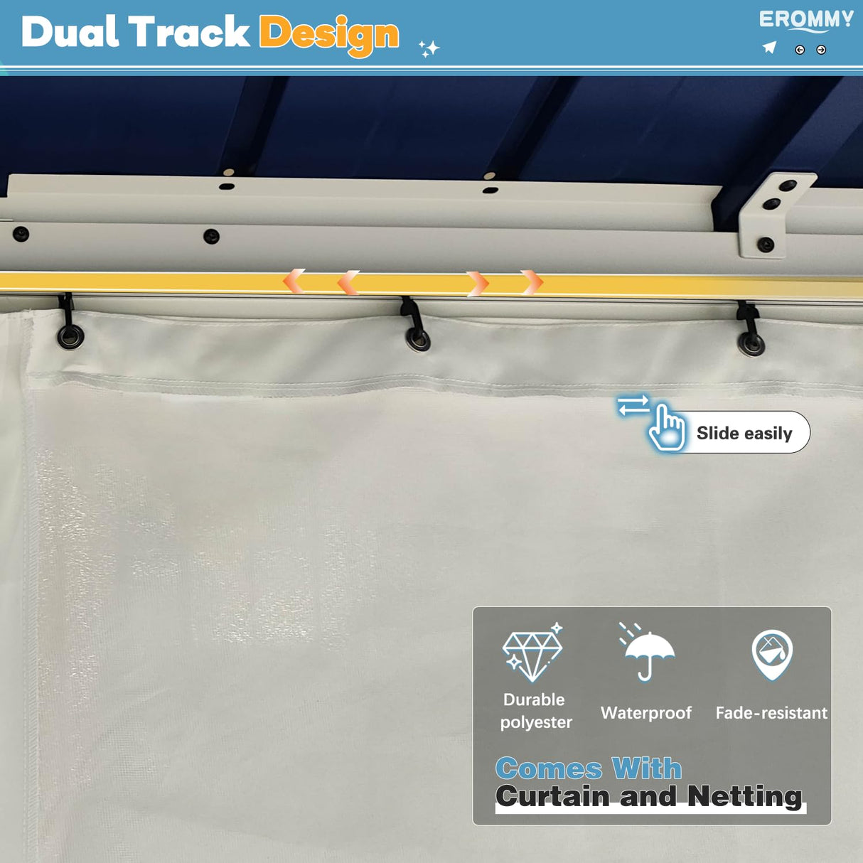 EROMMY 12'x16' Gazebo Hardtop, Galvanized Steel Double Roof Metal Gazebo with Aluminum Frame, Permanent Outdoor Pavilion with Curtain and Netting for Patio Lawn and Garden, Blue EROMMY