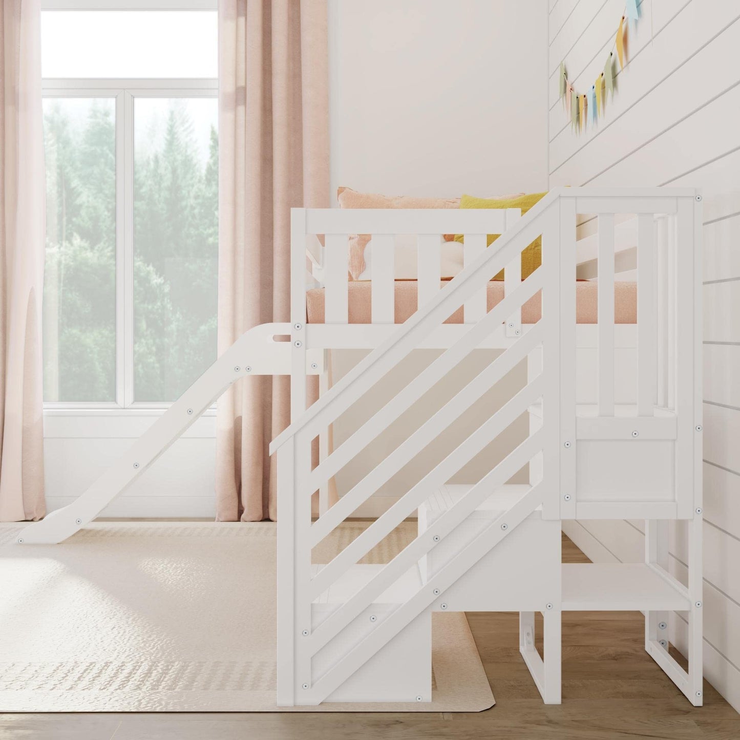 Max & Lily Twin Low Loft Bed with Slide and Stairs - Classic White Solid Wood Kids Furniture - WoodArtSupply