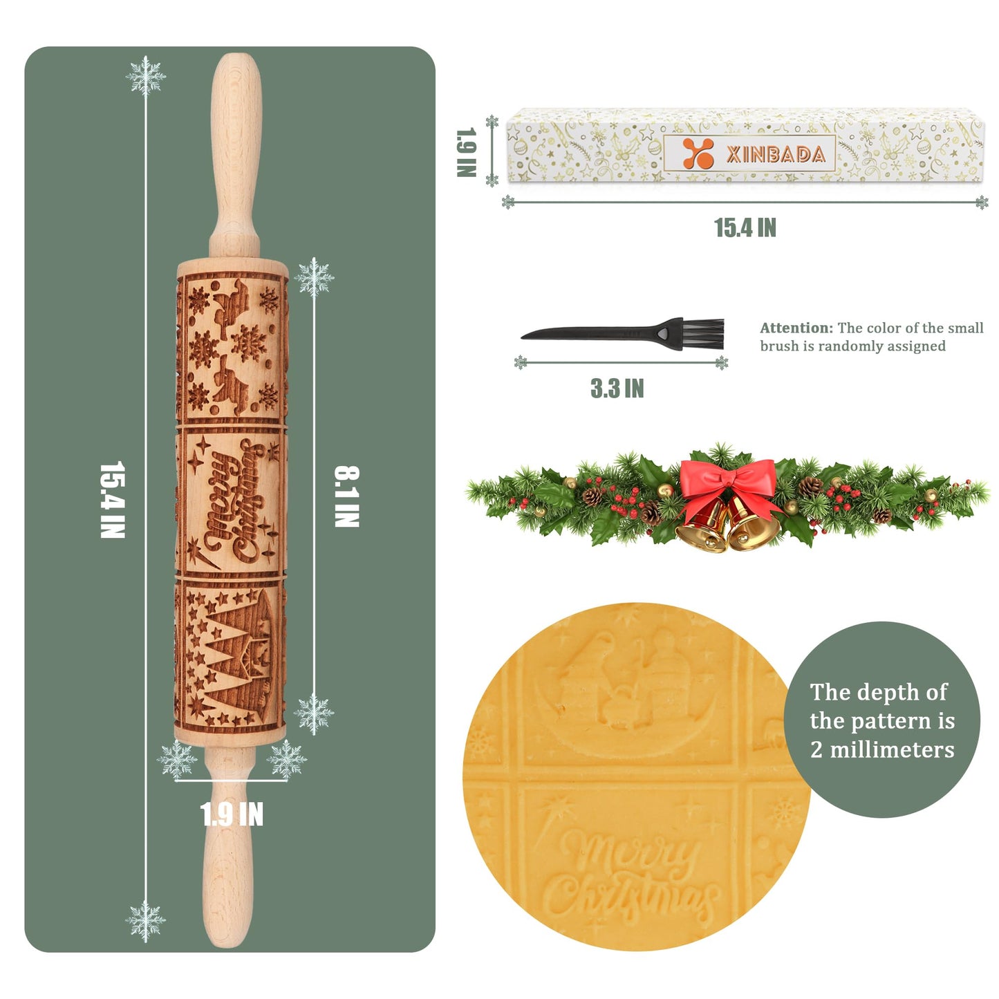 XINBADA Christmas Nativity Embossed Rolling Pin - Perfect Christmas Baking Supplies for Cookie Decorating,Wooden Rolling Pin for Cookies & Pastries,Christmas Theme Cookie Mold