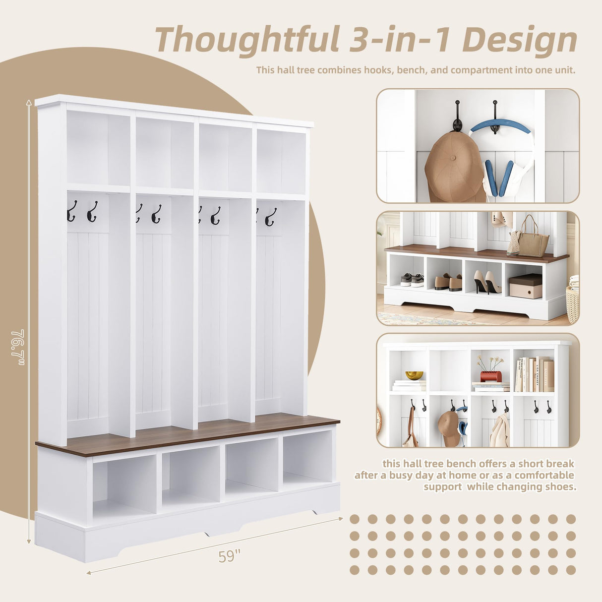 Merax 59" W Hall Tree,Farmhouse Entryway Storage and Wood Coat Rack, Entryway Furniture with 8 Hooks, Hall Tree with Bench and Shoe Storage, Rustic White Merax