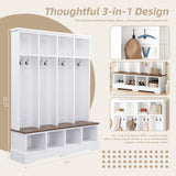 Merax 59" W Hall Tree,Farmhouse Entryway Storage and Wood Coat Rack, Entryway Furniture with 8 Hooks, Hall Tree with Bench and Shoe Storage, Rustic White Merax