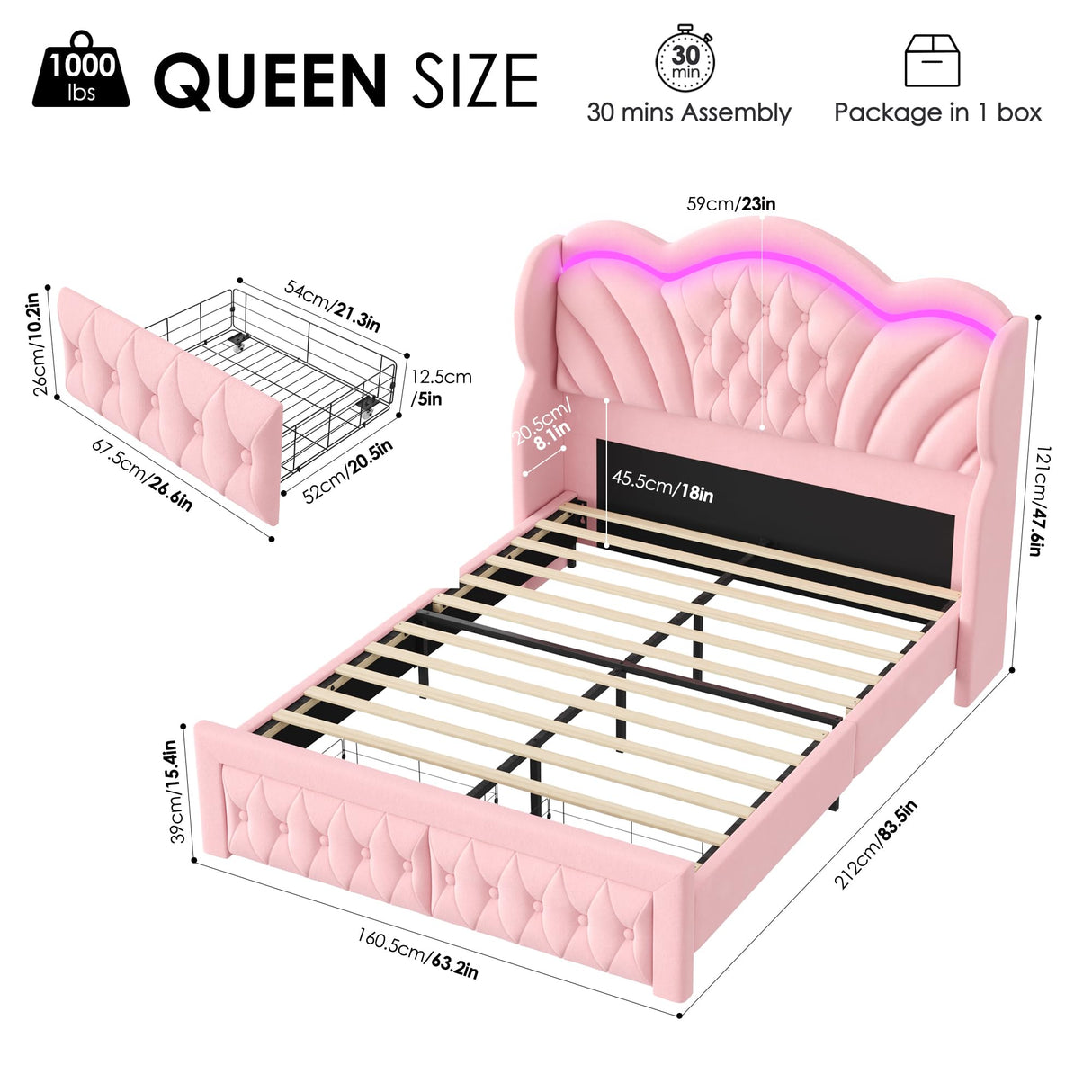 Keyluv Queen Bed Frame Arc-Shaped LED Lights and 47.2" Height Wingback Bed, Button Tufted Headboard and Footboard with Storage Drawer, Velvet Upholstered Platform Bed Frame No Box Spring Needed, Pink Keyluv