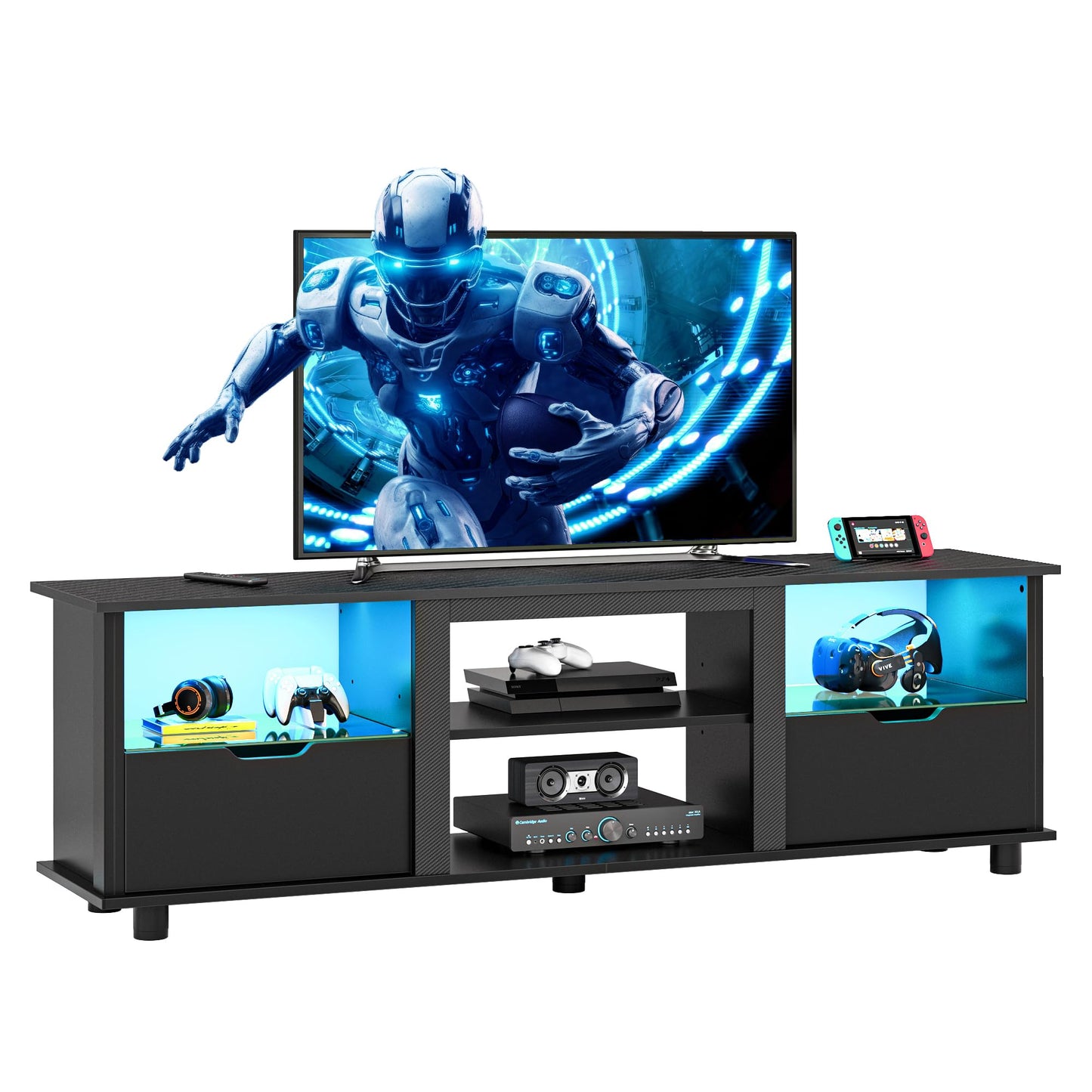 Bestier 70" Gaming Entertainment Center with Drawers, LED TV Stand for 75 Inch TV, TV Entertainment Stand for Living Room with Storage and Glass Shelves (Black 3D Carbon Fiber)