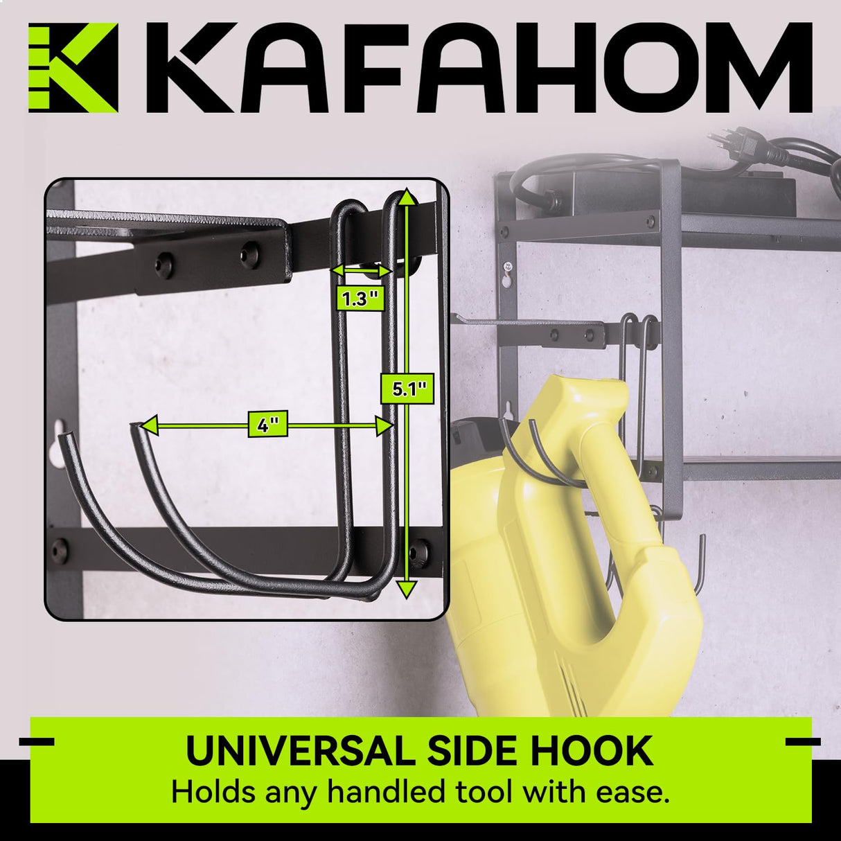 KAFAHOM Leaf Blower and Weed Eater Rack with Charging Station, Lawn Power Tool Organizer Wall Mount, Lawn Tool Storage Rack for Leaf Blower, Weed Eater, Battery, Charger, Black KAFAHOM